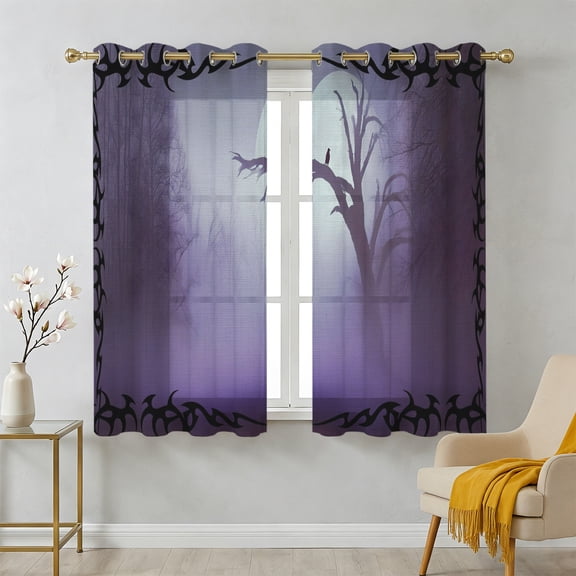 Crow Bare Tree Sheer Curtains 45 Inch Long 2 Panels, Goth Purple Foggy Forest Full Moon Light Filtering Semi Sheer Drapes Grommet Voile Window Curtain for Living Bedroom W42 x L45