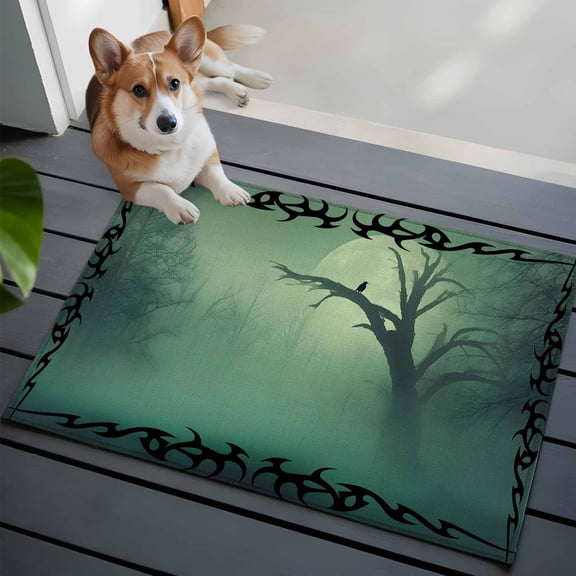Crow Bare Tree Small Area Rugs 2x3 Goth Green Foggy Forest Full Moon Entryway Rugs Washable Door Mat, Low-Profile Area Rugs Non Slip Floor Carpet for Living Room Bedroom Home Office