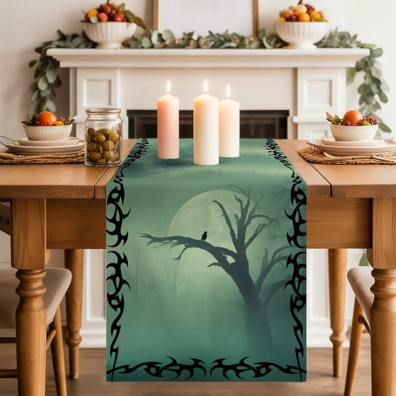 Crow Bare Tree Table Runner, Goth Green Foggy Forest Full Moon Washable Cotton-linen Table Runners Dining Kitchen Decoration for Everyday Home Wedding Party Decor, 13 x 108 Inch