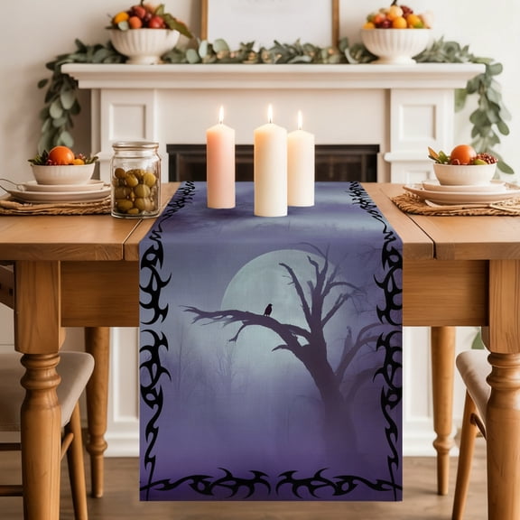 Crow Bare Tree Table Runner, Goth Purple Foggy Forest Full Moon Washable Cotton-linen Table Runners Dining Kitchen Decoration for Everyday Home Wedding Party Decor, 13 x 36 Inch
