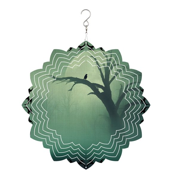 Crow Bare Tree Wind Spinner for Garden Yard 8In, Goth Green Foggy Forest Full Moon 3D Stainless Steel Kinetic Hanging Wind Spinners Rustproof Outdoor Decor for Lawn Patio Home