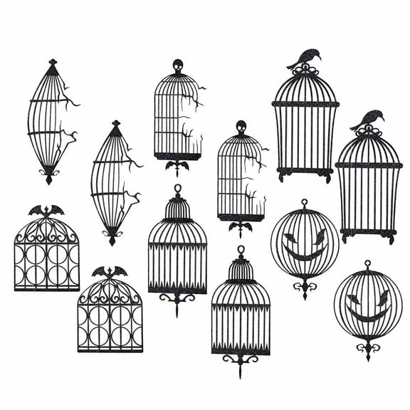 Crow Bird Cage Hanging Decorations, Glitter Paper 24-Piece Set With 18 Unique Designs (12 Birdcages In 6 Styles, 12 Crows In 4 Styles), For Gothic Horror Theme Parties And Home