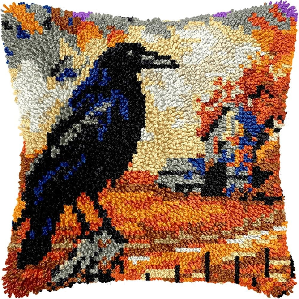 Crow Bird Latch Hook Pillow Kits Pillow Cover Latch Hook Crafts Crochet Knitted Hooking Pillowcase Cushion Crafts Embroidery Latch Hooking Kits Material Set 17x17 inch(3)