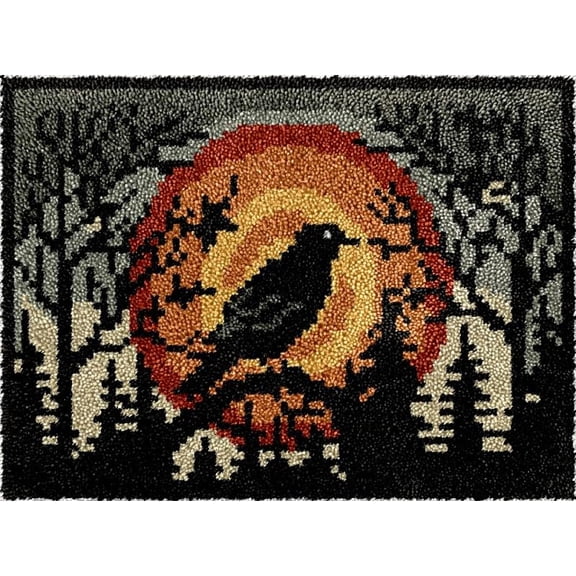 Crow Bird with Moon Easy DIY Latch Hook Rug Kits DIY Tapestry Crochet Hooking Mat Making Kits With Printed Pattern Canvas Needlework Kits 52x38cm n-34)