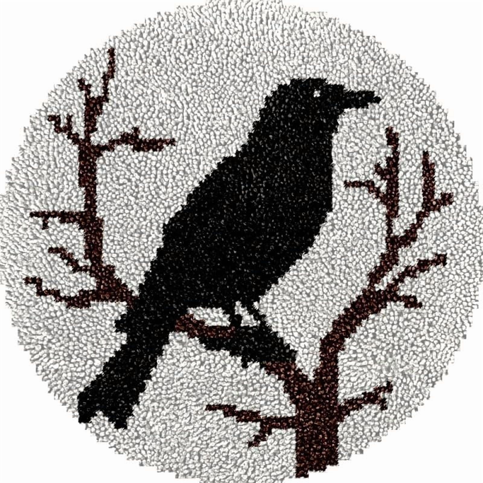 Crow Bird Round Shape Latch Hook Rug Kits Set for Starter Crochet Hook Cushion Mat Sofa Seat Cushion Crocheting Kits with Preprinted Canvas Crochet Yarn Kits 50X50cm (ui83)