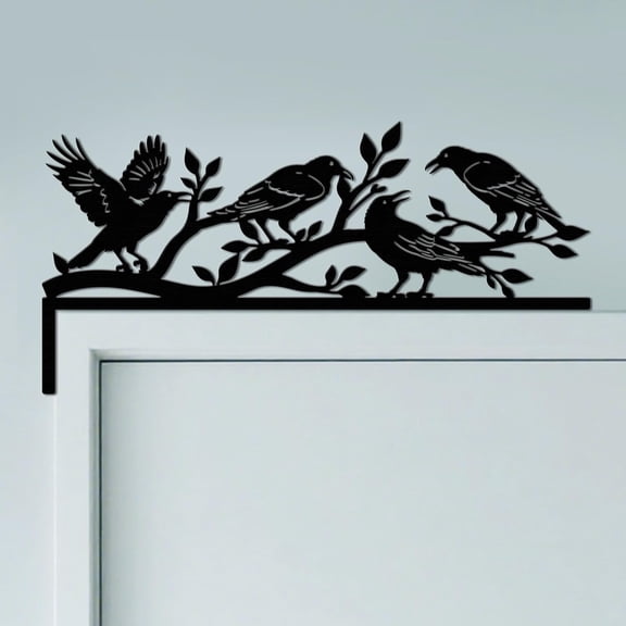 Crow and Branch Door Topper Sign Wall Art Decor 11.8"x5.9" Metal Unique Hanging Above Door Frame Corner Accent for Home Living Room Front Door Hallway Entryway Best Gift for Xmas Metal Black