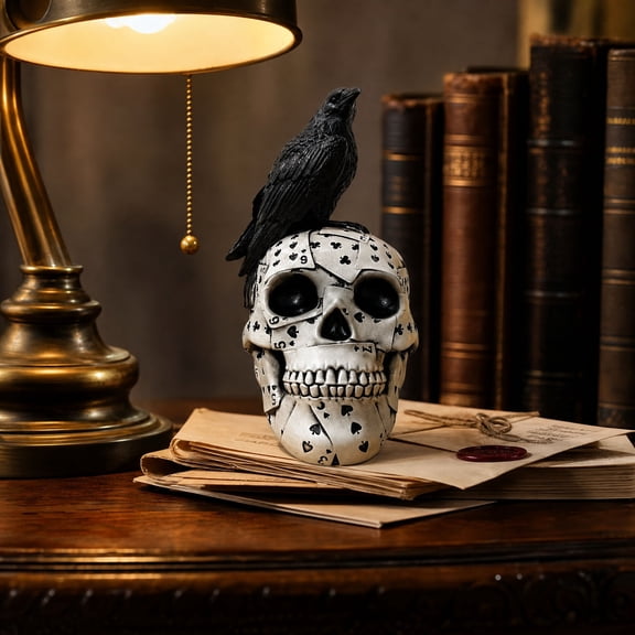 Crow On Carved Skull Resin Figurine, Two Pattern Options Weathered Finish Macabre Detailed Gothic Compact Ornament, Shelf Desk Decor for Halloween Day Of The Dead Dark Home Display
