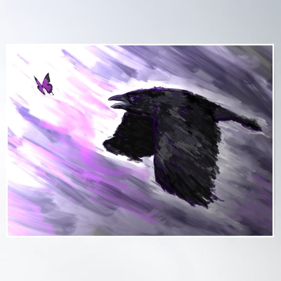 Crow Chasing A Butterfly Poster Wall Art, Modern Wall Decor, 24x36 UNFRAMED