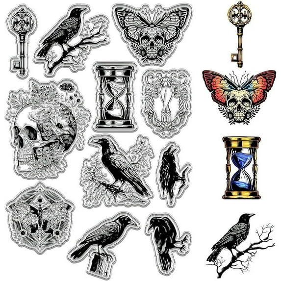 Crow Clear Rubber Stamps Skull Moths Flowers Skulls Hourglass Keys Gothic Vintage Transparent Silicone Stamp Seals