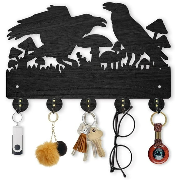 Crow Coat Hooks Wall Mount Black Crow Mushroom Wood Key Holder for Wall 11.8×7.9inch Black Wall Art Decor Key Hooks 5 Alloy Hooks for Gift Entryway Living Room Kitchen Office