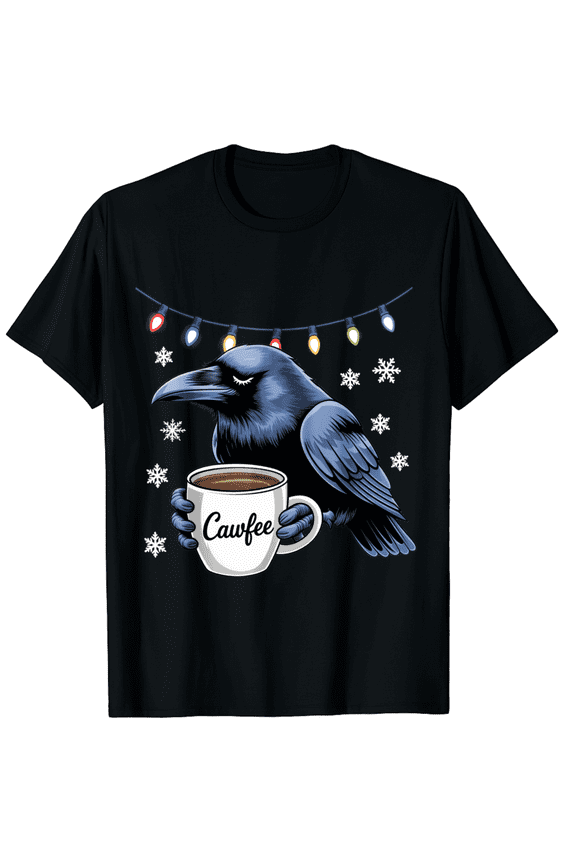 Crow Coffee Holiday Lights Snowflakes Black Short Sleeve T-Shirt for Men and Women