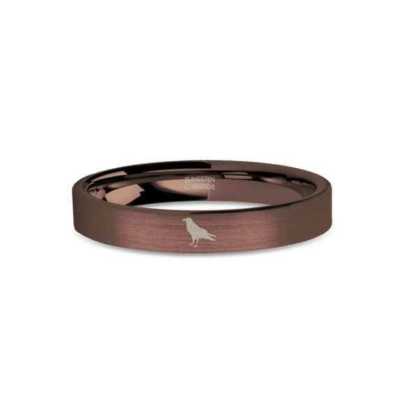 Crow Corvid Rook Engraved Rustic Brown Brushed Tungsten Ring, 4mm, Size 10.5
