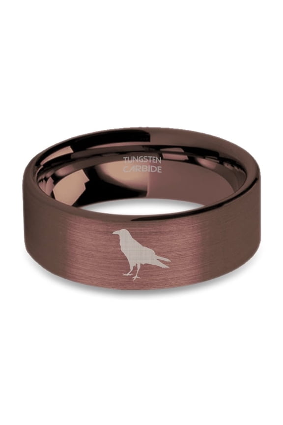 Crow Corvid Rook Engraved Rustic Brown Brushed Tungsten Ring, 8mm, Size 5