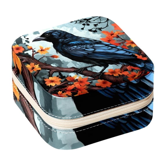 Crow Decorative Square Travel Portable Jewelry Display Box - Earring Organizer, Necklace and Bracelet Storage Case for Girls and Women