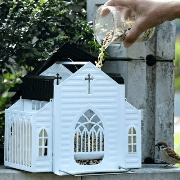 Crow Feeder,Birds Decor,Bird Feeders for Outdoors Hanging Church Shaped Metal Birdfeeder,8*7*6IN Wild Bird Feeders for Garden Home Decor(White)