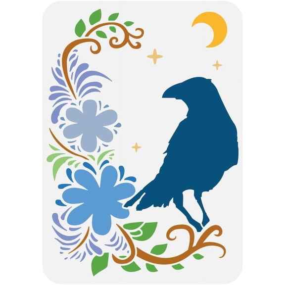 Crow Flower Corner Stencil for Painting 8.3x11.7inch Reusable Flower Pattern Corner Template Raven Moon Border Painting Stencil Plastic PET Animal Theme Drawing Template for DIY Crafts colorful