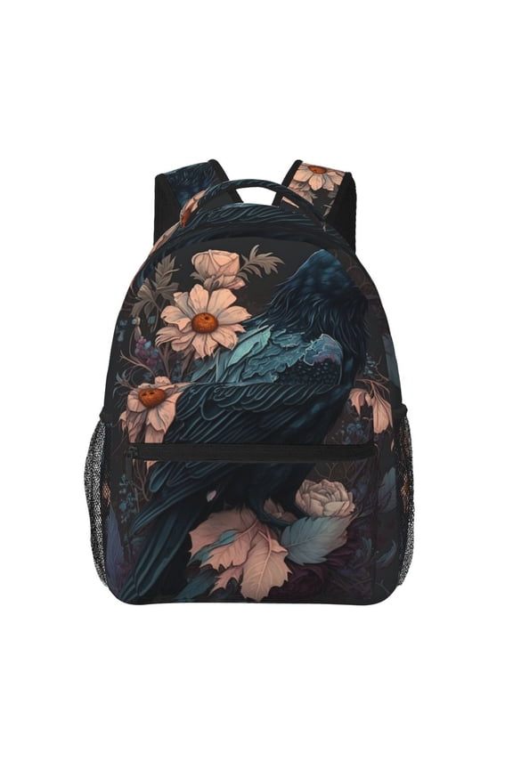 Crow Flowers Raven Gothic Backpack Casual College Bag Zipper Laptop Daypack Hiking Rucksack Travel