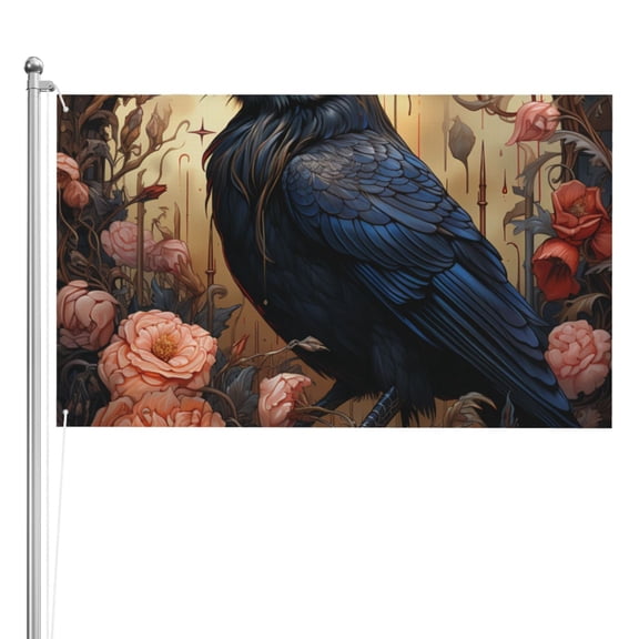 Crow And Flowers Raven Gothic Double Sided Flag 3x5FT Reversible Garden Flag Outdoor Decor for House, Porch, Lawn, Yard, Indoor Wall, Party Decoration