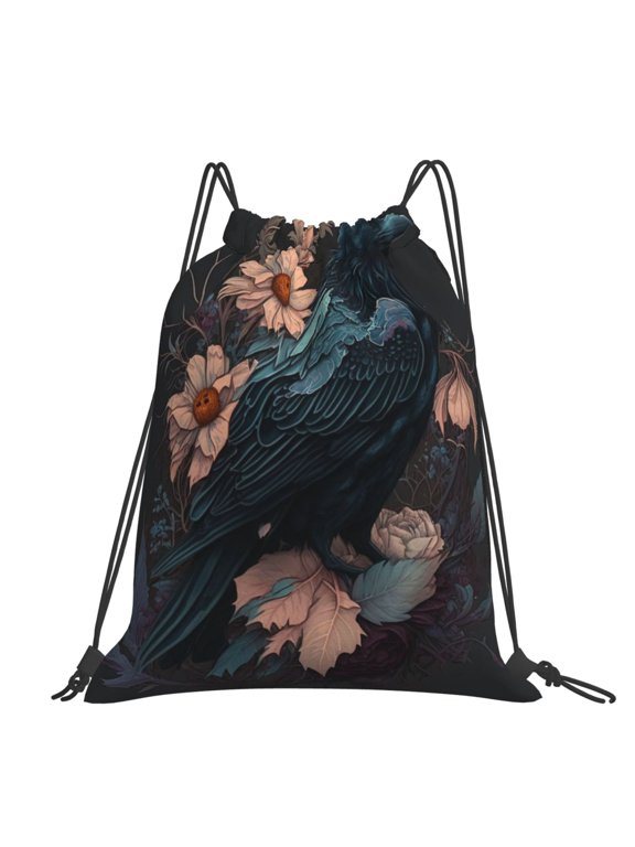 Crow Flowers Raven Gothic Large Drawstring Backpack Casual Cinch Sack Bag Backpack for Sports Hiking Travel Gym