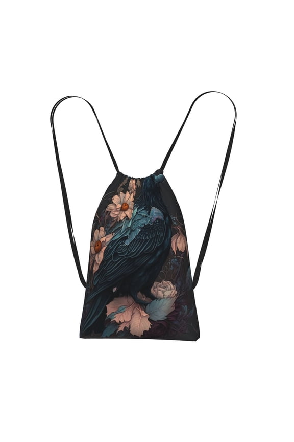 Crow Flowers Raven Gothic Packable Drawstring Backpack, Lightweight Foldable Cinch Storage Bag for Gym Travel Shopping