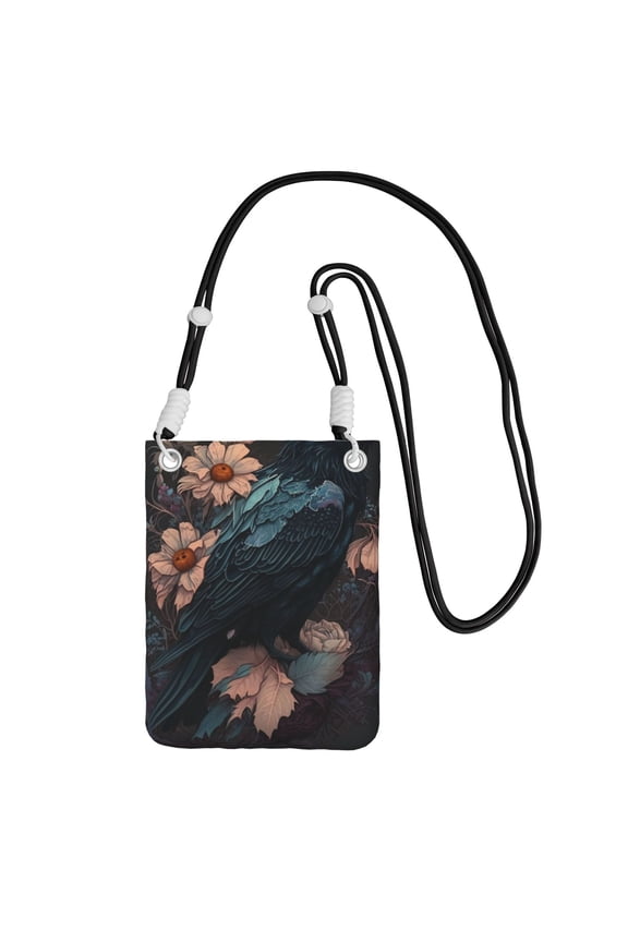 Crow Flowers Raven Gothic Small Crossbody Phone Bag, Cell Phone Purse with Adjustable Removable Strap, Mini Travel Shoulder Pouch