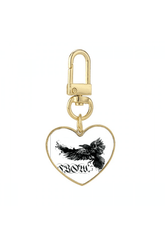 Crow Flying Letter Gothic Wings Gold Heart Keychain Metal Keyring Holder
