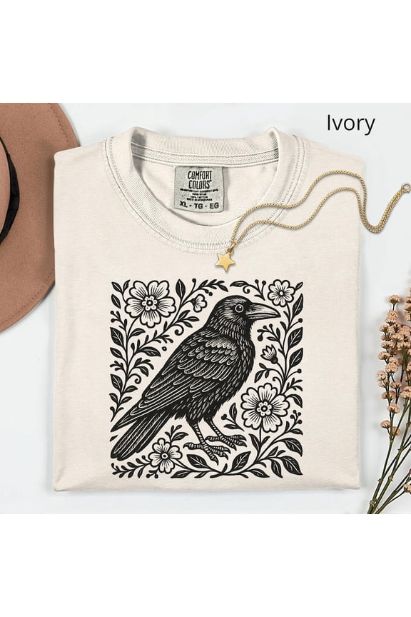 Crow Folklore Shirt, Cottagecore Aesthetic, Gothic Floral Crow Shirt, Raven Folk Linocut Art, Vintage Boho Goblincore Witch, Comfort Colors Unisex Cotton T-Shirt, Size S-3XL