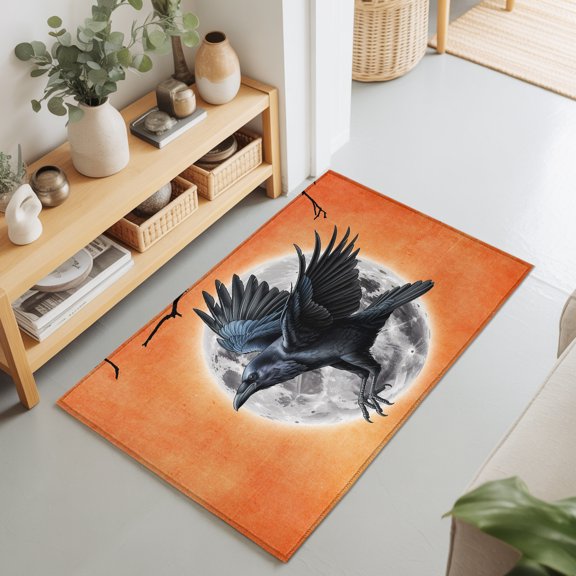 Crow Halloween Horror Dead Branch Rectangle Area Rug 2x3ft,Living Room Rug Non-Slip Washable Circle Rugs Pad,Moon Orange Gradient Back Soft Floor Carpet for Bedroom Dining Room
