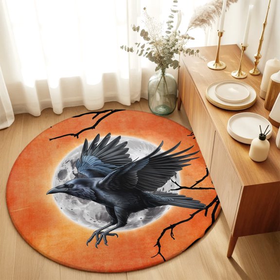 Crow Halloween Horror Dead Branch Round Area Rug 3ft,Living Room Rug Non-Slip Washable Circle Rugs Pad,Moon Orange Gradient Back Soft Floor Carpet for Bedroom Dining Room