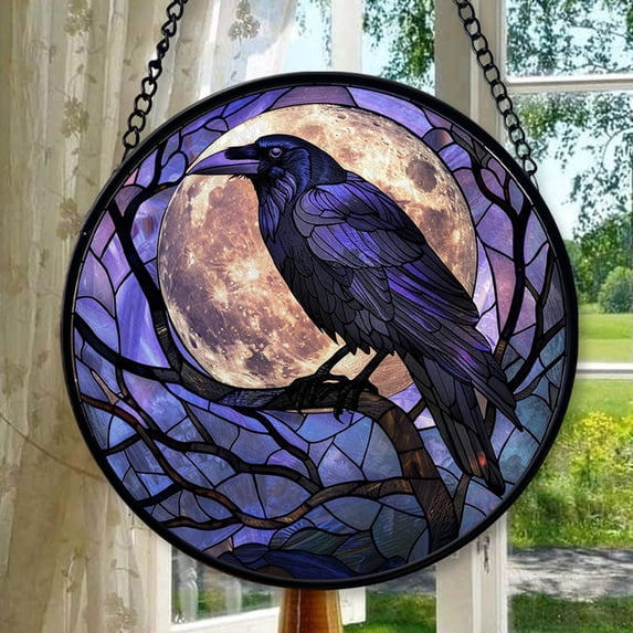 Crow Halloween Raven Stained Glass Window Hangings, Cat Butterfly Sunflower Handcrafted Stained Glass Suncatchers, Gift for Cat Lovers Nature Lovers (), Stained Glass Ornament