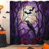 Crow Halloween Shower Curtain Purple Stained Glass Black Crows Bats on Vintage Dead Tree Branch Full Moon Bath Curtain with Hook-60"W x 72"L (Pack of 1)