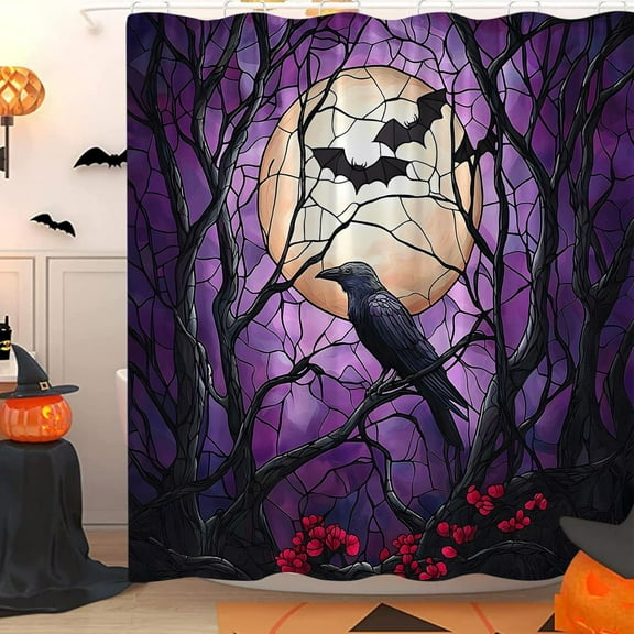Crow Halloween Shower Curtain Purple Stained Glass Black Crows Bats on Vintage Dead Tree Branch Full Moon Bath Curtain with Hook-60"W x 72"L (Pack of 1)