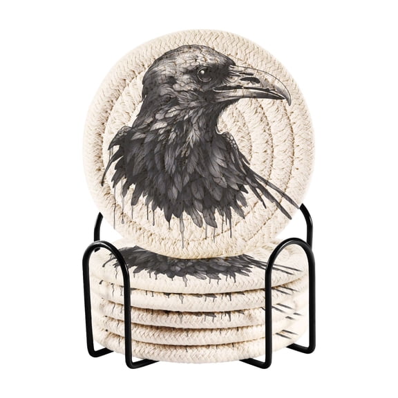 Crow Head Bird 6 Pcs Drink Coasters with Holder Absorbent Coasters Woven Coasters for Drinks Table Desk Protection Home Decor