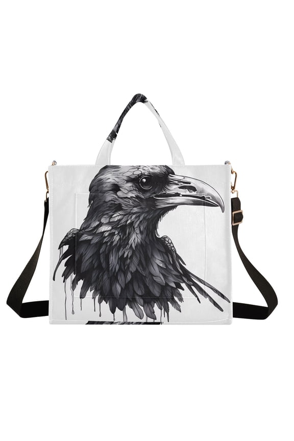 Crow Head Bird Corduroy Tote Bag Handbag Large Messenger Bag Shoulder Crossbody Zipper Bag Purse