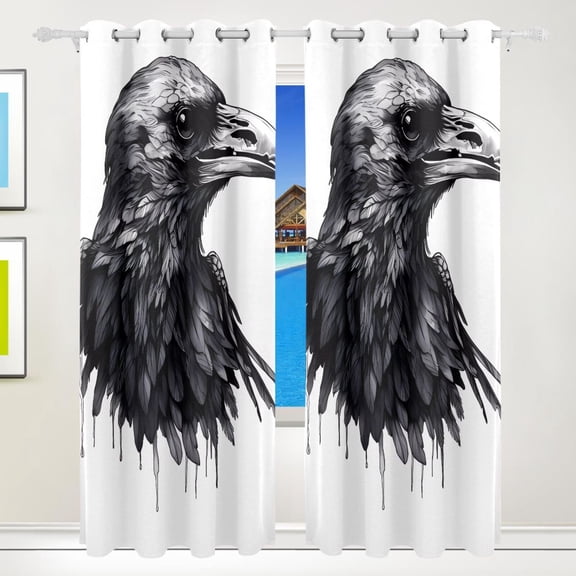 Crow Head Bird Curtains Black Out 72 Inch Length Curtains for Sliding Glass Doors Bedroom Living Room 2 Pack
