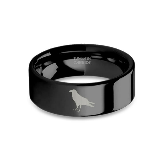 Crow Jackdaw Engraving Black Polished Tungsten Carbide Ring, 8mm, Size 13.5