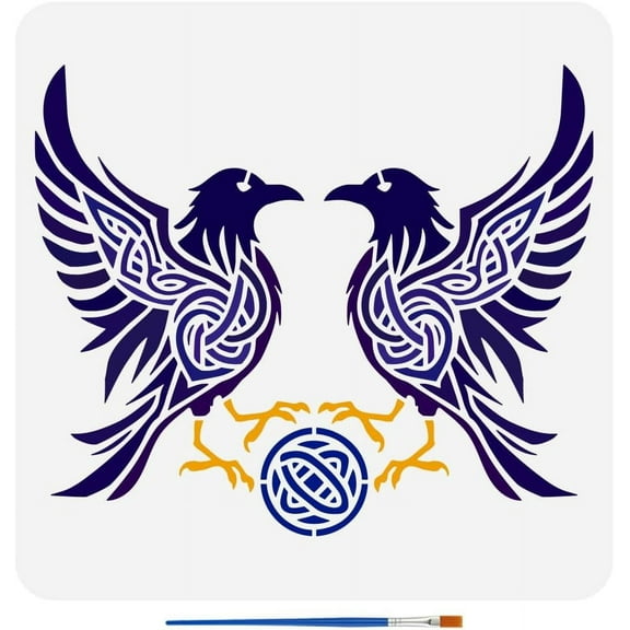 Crow Keltic Knot Stencil with a Paint Brush 11.8x11.8Inch Two Raven Painting Stencils Birds Pattern Stencil Jackdaw Drawing Stencil Animal Themes Template for DIY Crafts Home Decoration Mixed Color