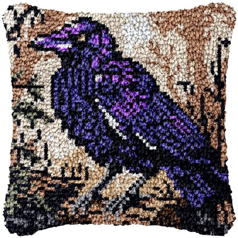 Crow Latch Hook Pillow Cover Kits for DIY Handmade Throw Pillow Cross Stitch Latch Hook Pillowcase Rug Kits with Preprinted Color Pattern Canvas Crochet Yarn Kits 17''X 17''(ys147)