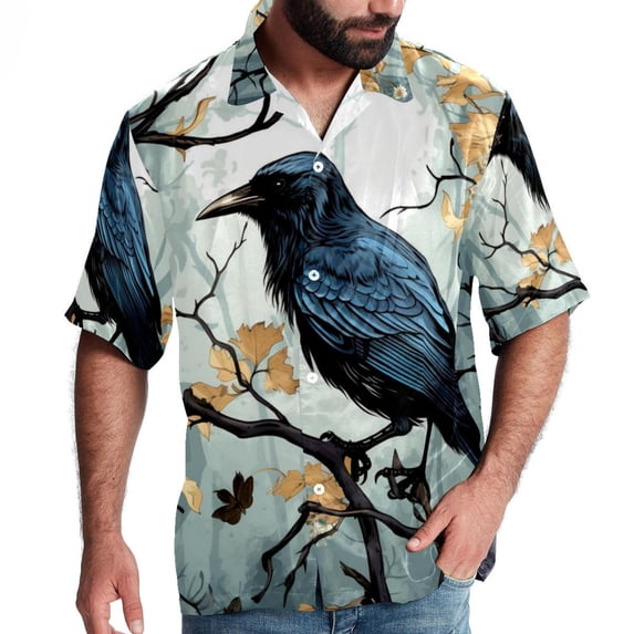 Crow Men's Button Down Casual Hawaiian Print Short Sleeve Summer Beach Shirt