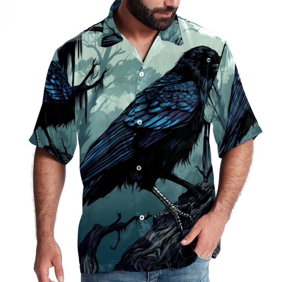 Crow Men's Printed Button Down Short Sleeve Casual Summer Beach Shirt - Unisex