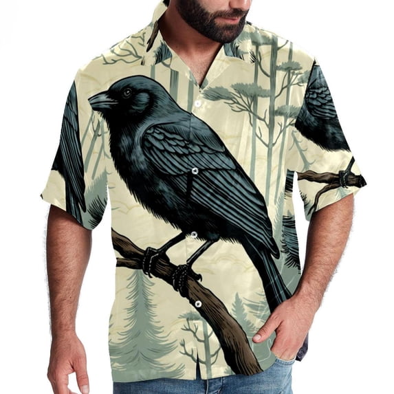 Crow Men's Short Sleeve Beach Shirts, Casual Button Down Poplin Printed Summer Tops - Unisex