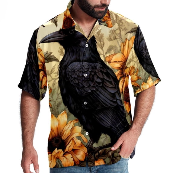 Crow Men's Short Sleeve Beach Shirts, Casual Printed Button Down, Summer Unisex Spread Collar Tops