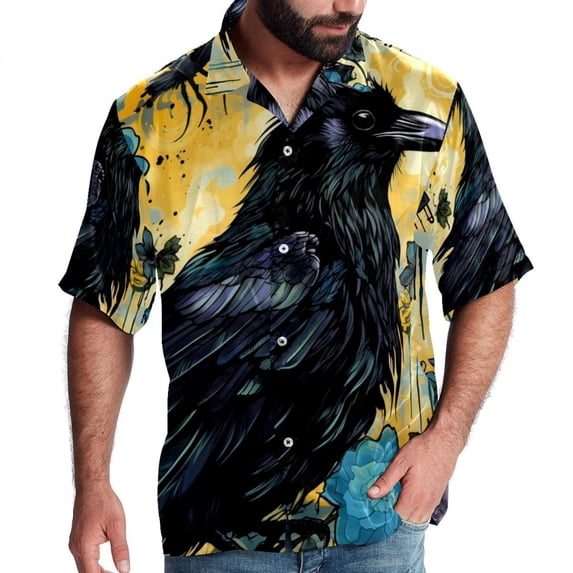 Crow Men's Short Sleeve Poplin Shirt, Casual Printed Button Down, Summer Beach Hawaiian Shirts, Unisex