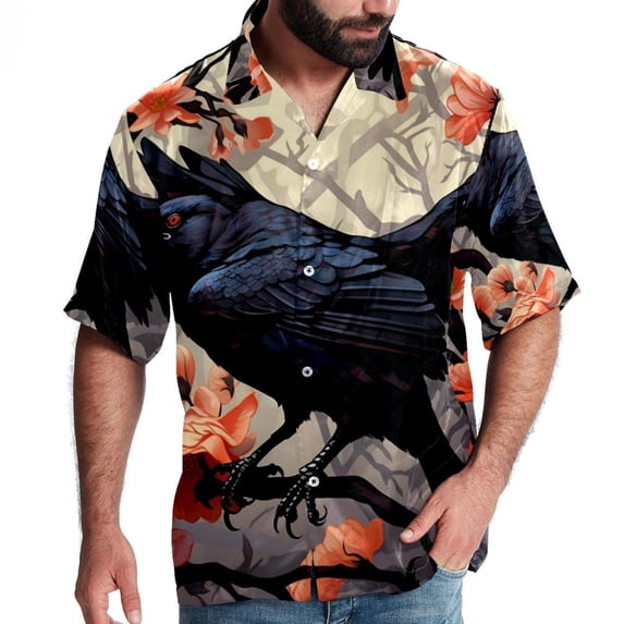 Crow Men's Short Sleeve Poplin Shirt, Casual Printed Button Down, Summer Beach Hawaiian Shirts, Unisex