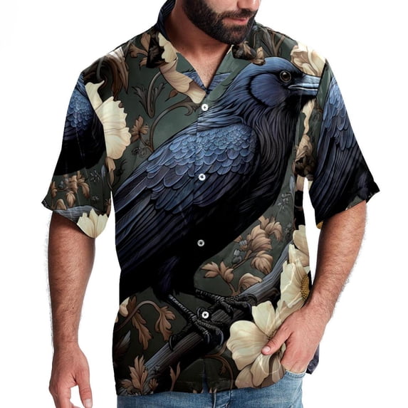 Crow Men's Short Sleeve Poplin Shirt with Spread Collar Tops, Casual Printed Button Down, Summer Beach Shirt for Men - Unisex, Stylish Men's Shirts