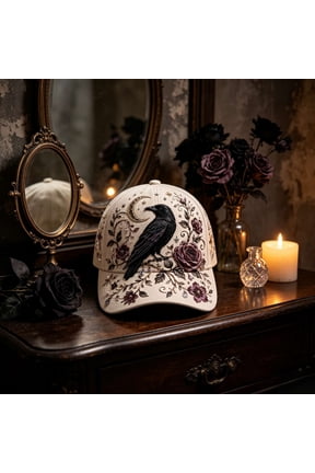 Crow Moon Floral Embroidery Adjustable Mesh Baseball Cap,Gothic Raven Crescent Rose Pattern Breathable Halloween Headwear For Fall Outdoor Daily Casual Outfits.Red