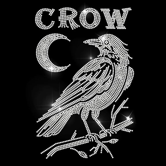 Crow Moon Rhinestone Iron on Hotfix Transfer Decal Raven Tree Branch Bling DIY Patch Repair Bird Crystal Hot Fix Applique for T-Shirt Jacket Bag Jeans Craft Clothing Accessory