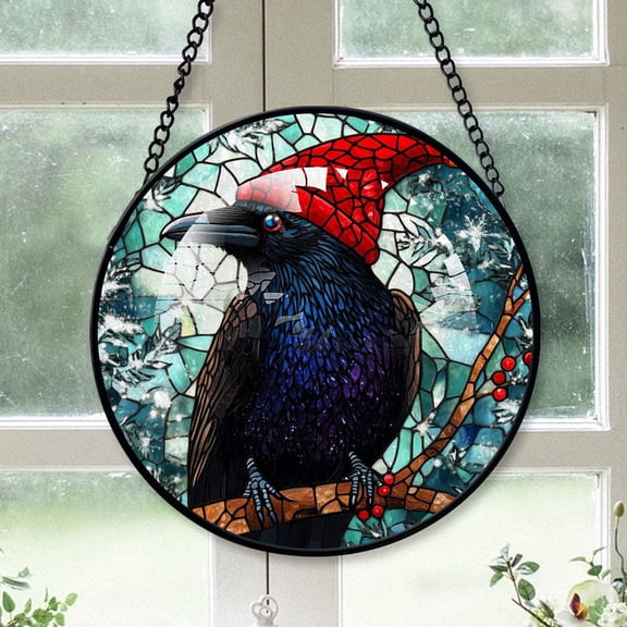 Crow Ornament Christmas 2025, Crow Stained Glass Window Panel Decorative Hanging Glass Art for Home or Garden