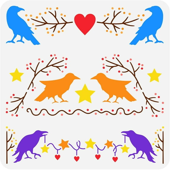 Crow Painting Stencil 11.8x11.8inch Reusable Crow Border Pattern Drawing Template Raven Stencil Branches Star Heart Stencil for DIY Painting on Wall Wood Fabric Paper and Furniture