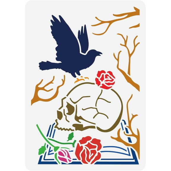 Crow and Painting Stencil 8.3x11.7inch Large with Roses Stencil Reusable Crow Branches Drawing Template Animal Theme Stencil for Painting On Wood Fabric Costume Canvas